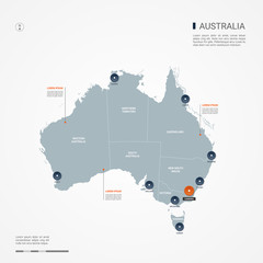 Australia map with borders, cities, capital Canberra and administrative divisions. Infographic vector map. Editable layers clearly labeled. - obrazy, fototapety, plakaty