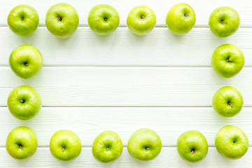 summer food with apples on light wooden background top view mock up
