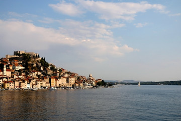 Fototapeta na wymiar Panoramic view of Sibenik in the background. Sibenik is popular summer travel destination. 