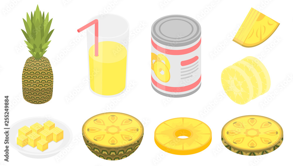 Poster pineapple icons set. isometric set of pineapple vector icons for web design isolated on white backgr