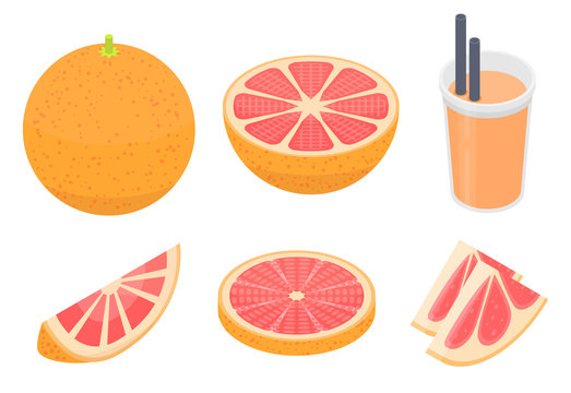 Grapefruit icons set. Isometric set of grapefruit vector icons for web design isolated on white background