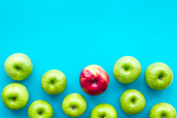 green apples for organic summer food pattern on blue background top view mockup