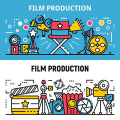 Film production banner set. Outline set of film production vector banner for web design