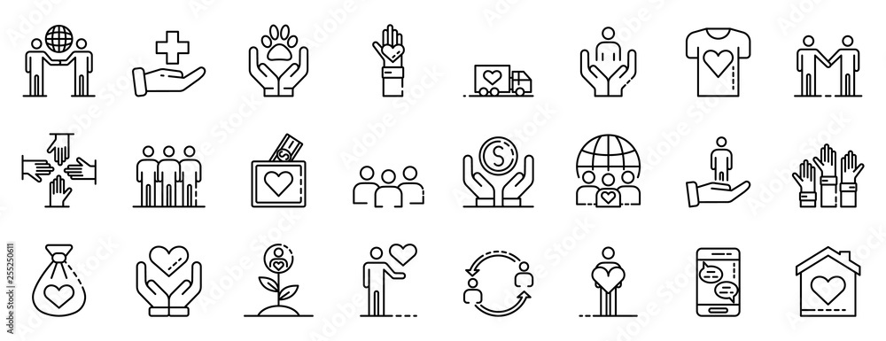 Poster volunteering icons set. outline set of volunteering vector icons for web design isolated on white ba