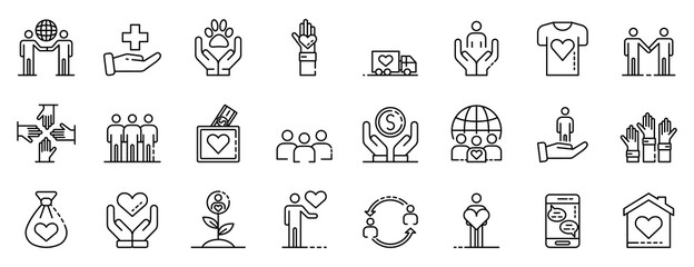 Volunteering icons set. Outline set of volunteering vector icons for web design isolated on white background