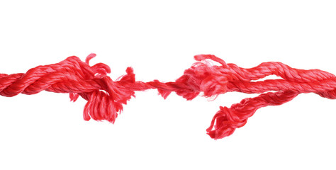 Rupture of red climbing rope on white background