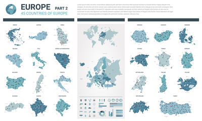 Vector maps set.  High detailed 45 maps of European countries with administrative division and cities. Political map, map of Europe continent, world map, globe, infographic elements.  Part 2.