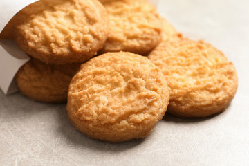 Tasty Danish butter cookies on table, closeup