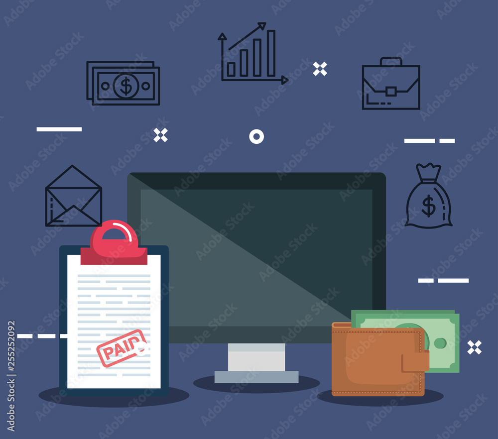 Poster computer with report tax and wallet with bill