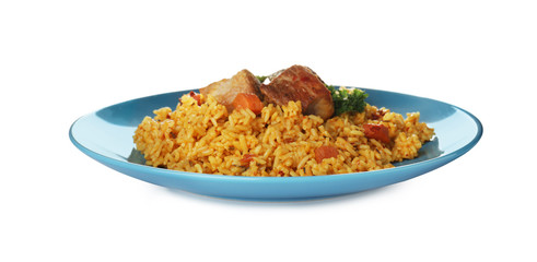 Plate with rice pilaf and meat on white background