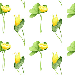 Watercolor seamless pattern in retro style with spring yellow flowers and green leaves. Decorative floral background for Easter, wedding or fabric design in gold and green colors