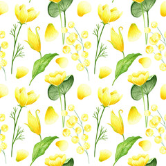 Watercolor seamless pattern in retro style with spring yellow flowers, petals and green leaves. Decorative floral background for Easter, wedding or fabric design in gold and green colors