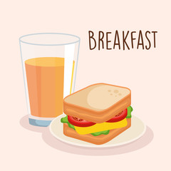 delicious sandwich breakfast with orange juice