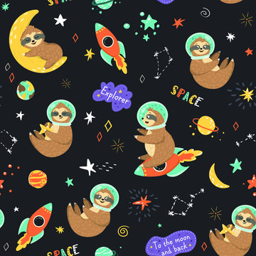 Seamless space pattern with funny sloth astronaut, stars, planets, rockets. Childish print with cartoon cute baby sloths sleeping on the moon, sit on the rocket, holding star. Kids vector background
