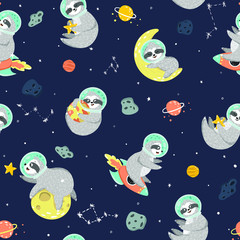 Seamless space pattern with funny sloth astronaut, stars, planets, rockets. Childish background with cute baby sloths sleeping on the moon, sit on the rocket, holding star, hugging planet. Vector