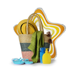 Set of different beach accessories isolated on white