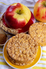 Round rice crackers made with apple and cinnamon, healthy snack for breakfast, lunch and school food