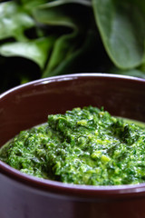 Healthy vegetarian or vegan food, cooked green spinach with cream, ingredient for many dishes like pasta, ravioli or soup