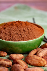 Cocoa or cacao beans and powder, used in hot chocolate drink, chocolate, butter and solids