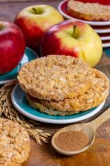 Round rice crackers made with apple and cinnamon, healthy snack for breakfast, lunch and school food