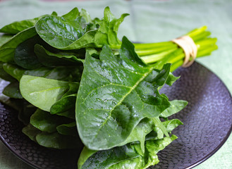 Bunch of green fresh organic spinach leaves