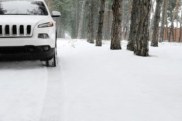 Modern car in snowy park on winter day