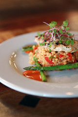 Close up Gourmet Cuisine Couscous on plate in restaurant