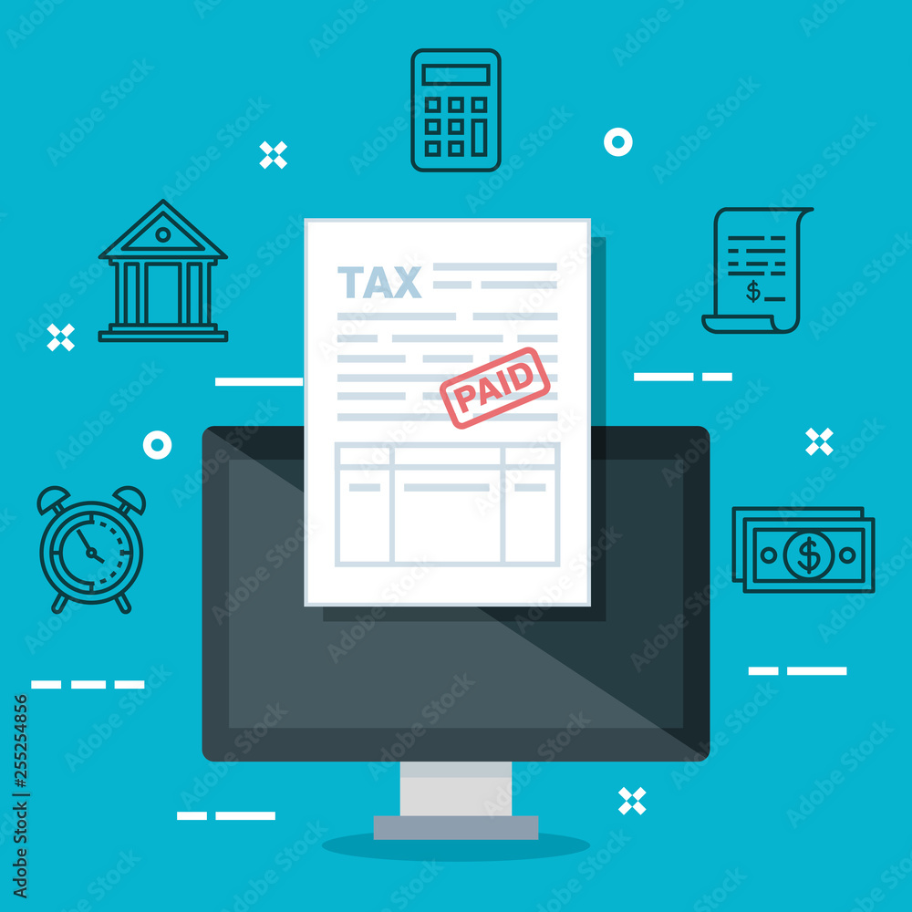 Poster service invoice report with computer and calculator