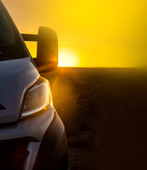 sunset background, adventurous journey in the house on the wheels,