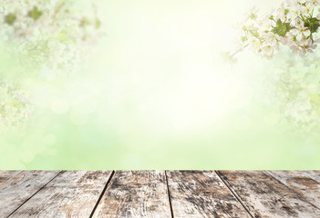 Naklejka na ściany i meble Wood table top on blur white green