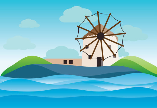 Typical Geece landscape with winmills at Myconos island- vector illustration