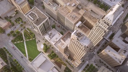 Aerial high angle rising shot of skyscrapers in downtown Oklahoma City, Oklahoma.