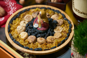Novruz Azerbaijan traditional table with food tray, close-up