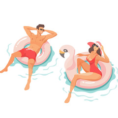 Couple relaxing In swimming pool in the summertime. Vector illustration.	