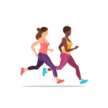 Two women exercising by jogging. Health and fitness. Vector illustration.