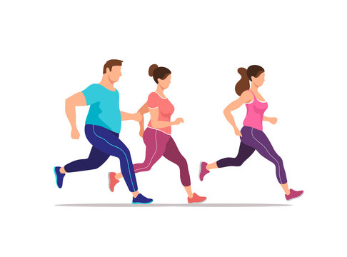 Group of people running exercising together. Health and fitness. Vector illustration.