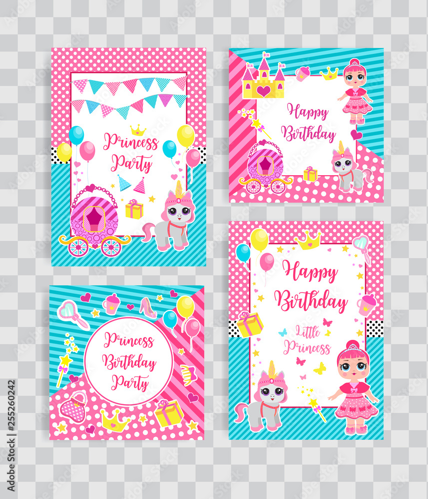 Wall mural Happy birthday set greeting or invitation cards for a little princess in lol doll surprise style. Template for your design with princess, her pet pony and accessories. Vector illustration.