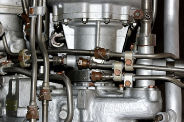 the internal structure of the aircraft engine, army aviation, military aircraft and aerospace industry. Museum piece.