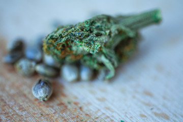 Medical Cannabis and  Marijuana Seeds on the fresh piece of oak wood - macro view.
