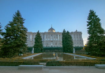 Royal Palace in Madrid, Spain viewed from the sabatini gardens.