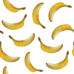 Seamless watercolor pattern of ripe bananas on a white background. 