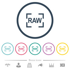 Camera raw image mode flat color icons in round outlines