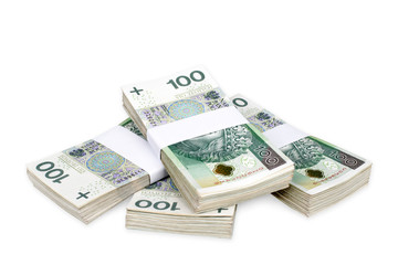Bundles of polish 100 zloty banknotes. Isolated on white. Clipping path included.