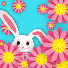 Easter card with a hare, rabbit, pink spring flowers on a blue background .Vector illustration. Place for your text.