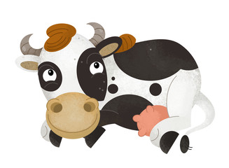 cartoon scene with cow on white background - illustration for children