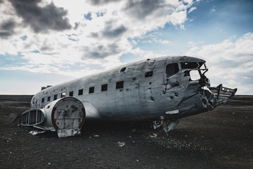 Airplane wreck from the right side. In Iceland at summer
