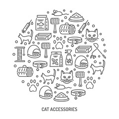 Cat and veterinary pet accessories outline icons round background