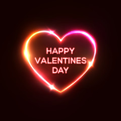 Happy Valentines Day text in heart shaped neon sign. Bright greeting card design on dark red night background. Decorative electric led light lamp banner. Color vector illustration in retro 80s style.