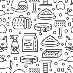 Cat and veterinary pet accessories outline icons seamless pattern