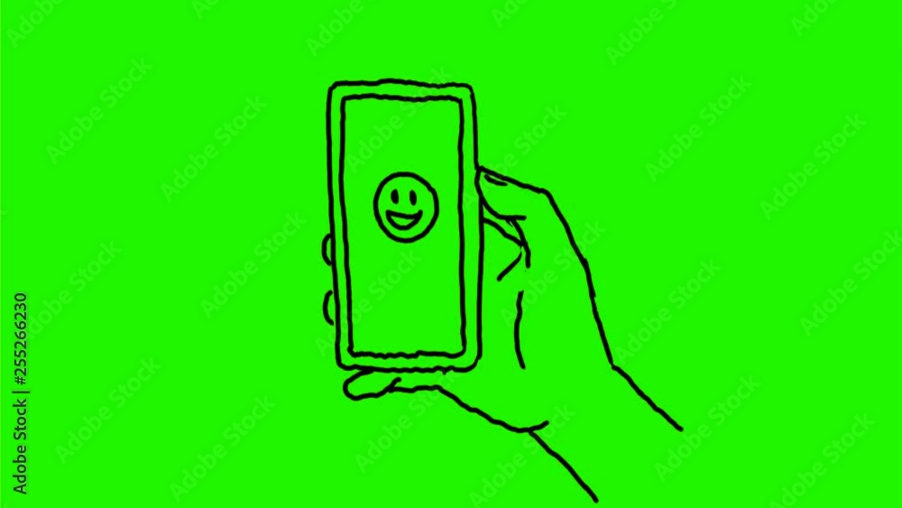 Poster 2d animation motion graphics of a drawing of a hand swiping a smart phone and showing a happy or smi